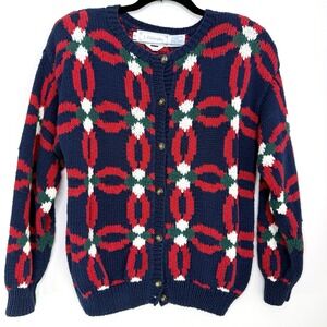 VTG 90s J Christopher Sweater M Cotton‎ Holiday Knit Cardigan Red Green Navy